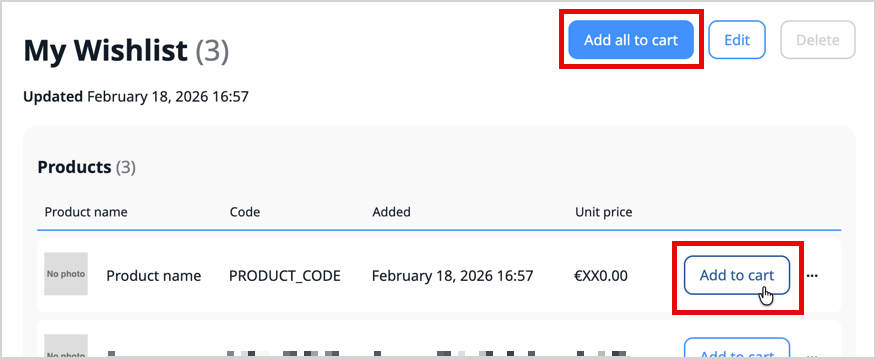 “Add to cart” and “Add all to cart” buttons Shopping list product list with highlights on "Add to cart" and "Add all to cart" buttons